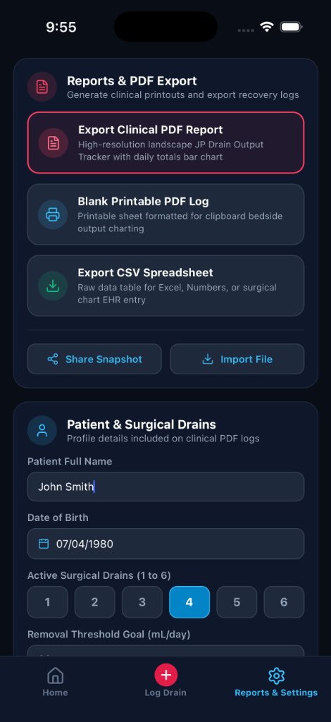 Drain Log Clinical Reports and Settings Screen